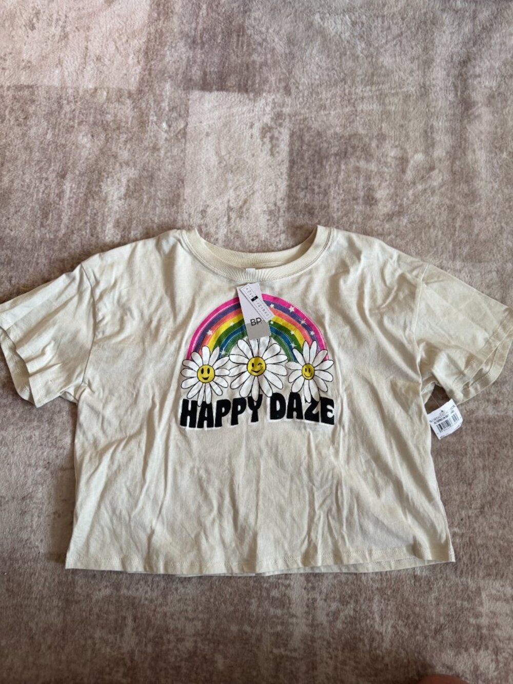 BP Girls Cropped T‑Shirt Cream Rainbow “Happy Daze” Size Medium NWT
